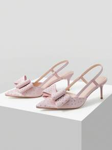MOTF PREMIUM RHINESTONE BOW ACCENT SWEET STYLE FASHION VERSATILE POINTED TOE SLINGBACK STILETTO HEEL WOMEN SANDALS - Pink - View 4