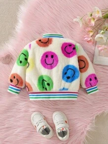 Baby Girl Fashion Rainbow Smiling Face Jacket, Warm Casual Outerwear