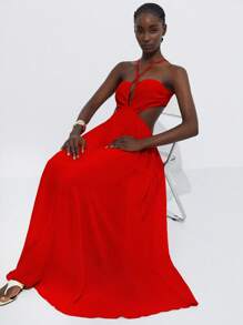 Aveloria Modichic Abito in chiffon rosso con schienale scoperto e senza maniche