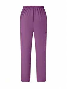 SHEIN TaskFit 制服套装，纯色短袖 V 领上衣和裤子手术服套装 - 中紫紅色 - 查看 4