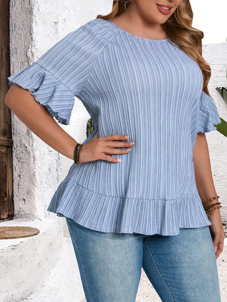 Women Plus Size Striped Round Neck Puff Sleeve Loose Blouse