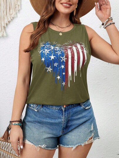 SHEIN LUNE Top informal sin mangas con estampado de elementos del Día de la Independencia para mujer de talla grande