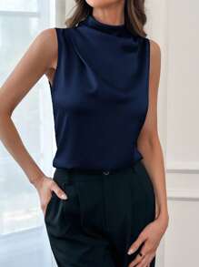 Firerie 女士纯色时尚优雅高领褶皱背心 - 藏蓝色 - 查看 3