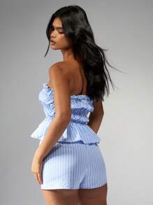 MISSGUIDED Summer Stripe Ruched Two-Piece Set Bandeau Top High Waist Shorts Seersucker Vacation Beach Resort Co-Ord Set Spring Holiday Outfit - Blue and White - View 2