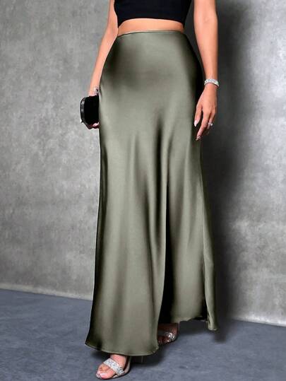 SHEIN Tall Women's Solid Color Mermaid Style Skirt, Satin Skirt, Elegant Long Skirt, Suitable For Women's Gatherings And Daily Wear