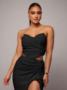 Silquee Débardeur asymétrique en lin abricot pour femme avec détail de buste romantique, idéal pour la Saint-Valentin, les fêtes, les rendez-vous romantiques, les robes de demoiselle d'honneur, les occasions formelles, les trajets quotidiens et les vacances sexy - Noir - Voir 1