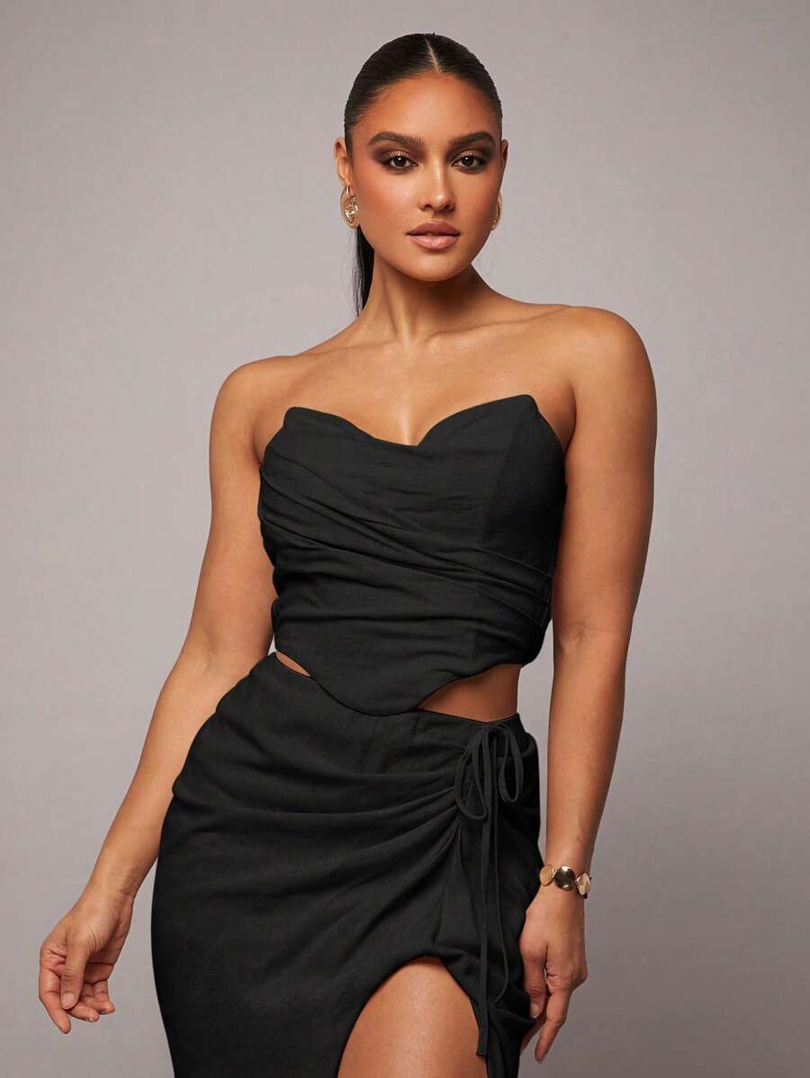 Silquee Débardeur asymétrique en lin abricot pour femme avec détail de buste romantique, idéal pour la Saint-Valentin, les fêtes, les rendez-vous romantiques, les robes de demoiselle d'honneur, les occasions formelles, les trajets quotidiens et les vacances sexy - Noir - Voir 1