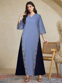 Al Najma 女士优雅拼布褶皱土耳其和阿拉伯传统长裙，朴素的卡夫坦 - 藍色 - 查看 4