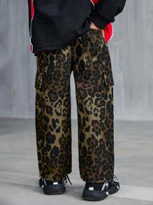 Young Boys Casual Loose Straight Fit Jeans With Cargo Pockets And Leopard Print, Coffee Brown Color - Coffee Brown - View 2