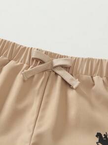 1pc Boys' Fashion Versatile Simple Gentleman Style Khaki Solid Animal Print Soft Breathable Half Elastic Waistband Drawstring Casual Shorts, Suitable For Summer Outfitting, Outdoor Activities Such As Shopping, Getaway, Holiday, Travel, Relax, Sunbathing - Khaki - View 3