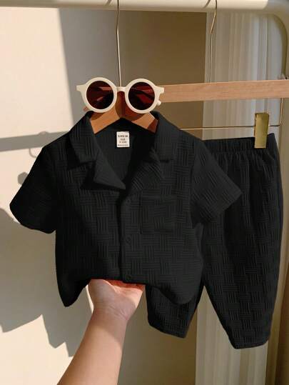 Baby Boy Casual Korean Style Solid Color Jacquard Lapel Collar Short Sleeve Top & Pants 2pc Set, Suitable For Home, Outdoor, Vacation Wear, Summer