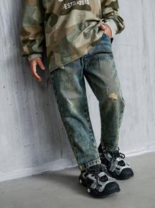 SHEIN YOUNG BOYS Vintage Distressed Washed Straight Leg Jeans, Casual Fashion Street Style Denim Pants For Boys