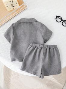 SHEIN 2pcs Baby Boy/Girl Casual Simple Solid Color Short Sleeve Blazer Jacket And Elastic Waist Shorts Set, Suitable For Summer