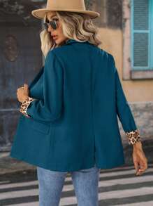 SHEIN Clasi Casual & Commuter Leopard Print Patchwork Blazer - Teal Blue - View 2