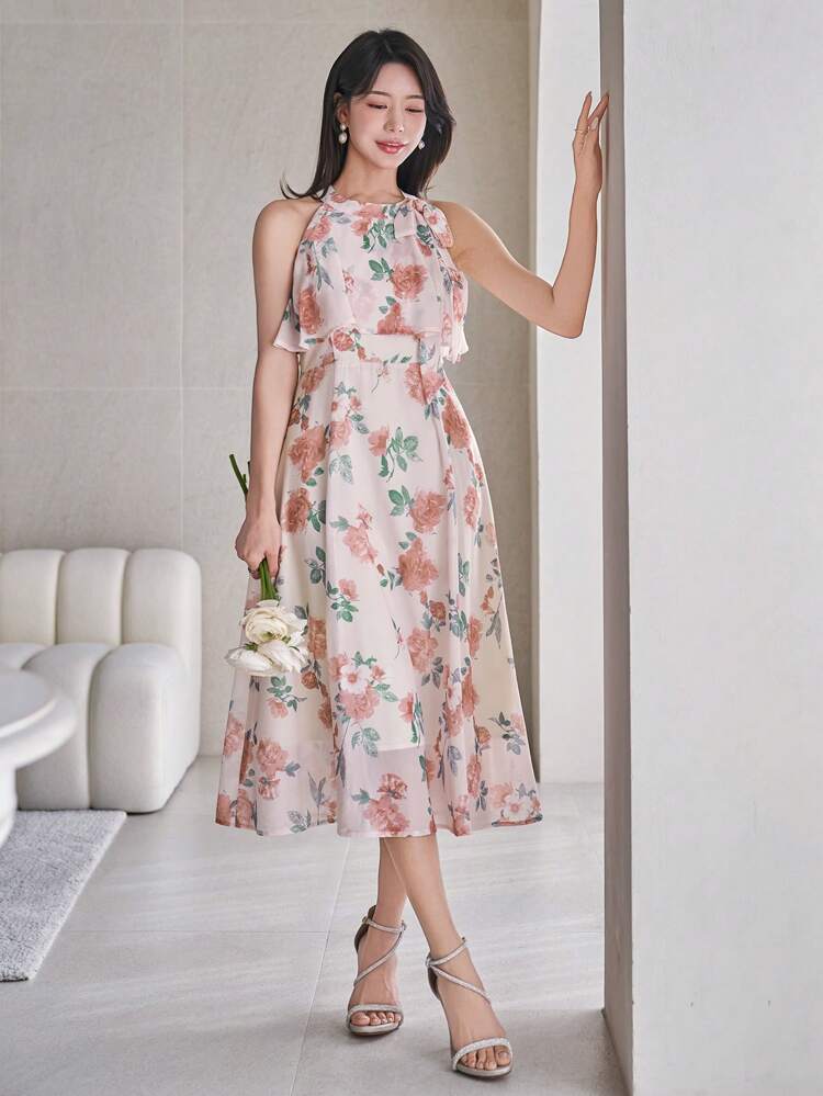 Knee-Length Sleeveless Ruffled Hem Floral Dress For Women Maxi Dress Boho