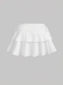 SHEIN PETITE CURVE Drawstring And Fold Detail Solid Color Cake Skirt White - White - View 2