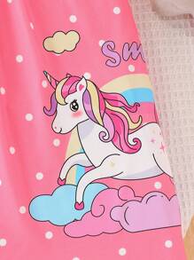 SHEIN 2pcs/Set Girls Cartoon Rainbow Print Sleeveless Dress & Vest Top Pajama Set, Cute/Vintage/Playful, Basic Casual, Summer, Sleepwear