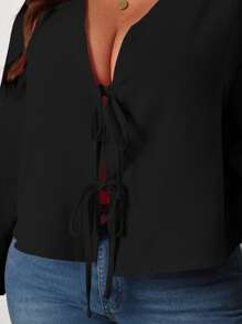 INAWLY Plus Size Women's Solid Color Long Sleeve Front Tie Loose Casual Blouse, Spring Summer Women Shirt Fall - Black - View 5