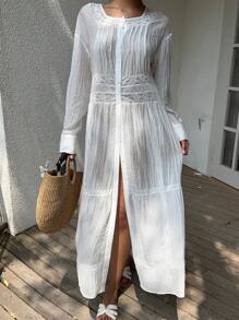 Sunnyshic Women's Casual Vacation Versatile Daily Solid Color Lace Panel Sheer Long Sleeve Long Shirt, Spring/Summer - White - View 7
