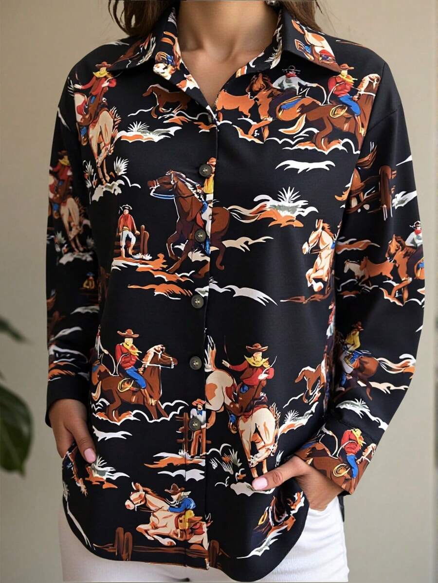 SHEIN 女式野马印花长袖宽松休闲纽扣衬衫 - 黑色 - 查看 1