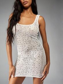 MISSGUIDED Vestido Curto de Festa com Lantejoulas, Sem Mangas, Modelagem Colada, Festa Noturna, Festa de Ano Novo, Convidado de Casamento, Brilhante, Glitter, Celebração - Branco - Visão 5
