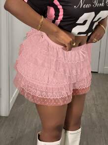 Slaydiva 大码女式芭蕾甜美蝴蝶结可爱网眼撞色蕾丝荷叶边迷你短裤，适合春季、夏季和海滩/度假