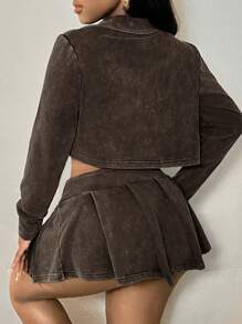 SHEIN SXY 3pcs Plus Size Women Retro Washed Vintage Set: Camisole Crop Top, Long Sleeve Short Jacket & Elastic Waist Mini Pleated Skirt, Suitable For Everyday Wear, Music Festival, Concert, Carnival Party, Beach Vacation, Date Night, Birthday, Bachelorette Party, Club, Casual, Streetwear, Going Out, Flattering The Figure - Khaki - View 2