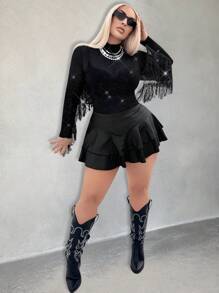 SHEIN SXY Plus Size Women Spring/Summer Sexy See-Through Mesh Splicing Silver Thread Tassel Long Sleeve Bodysuit, Suitable For Everyday Wear, Ibiza,Nashville,Rave,Modest,Western Wear,Cruise Attire,Music Festival,Concert,Carnival Party,Beach Vacation,Date Night,Birthday,Bachelorette Party Outfit,Club,Cute,Casual,Shopping, Streetwear,Going Out,Easy To Match&Looks Slim,Accent Your Body,Flatter The Figure - Silver - View 6