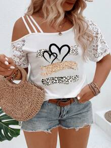 INAWLY Plus Size Asymmetrical Lace Collar Short Sleeve Leopard And Heart Print Casual T-Shirt, Spring/Summer