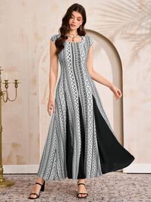 Al Najma 女士优雅几何印花拼布阿拉伯风格长裙 - 白色 - 查看 4