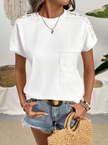 Chiquease T-shirt à col rond en couleur unie avec patchwork en dentelle, style décontracté pour les vacances