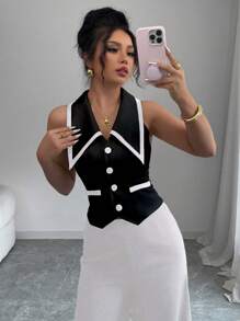 Elenzga Elegant Colorblock Sleeveless Blouse, Summer - Black - View 4