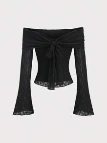 Sweetra Women Solid Color Cute Off-Shoulder Bowknot Lace Blouse Y2K  Fall Cloth For Women - Black - View 2