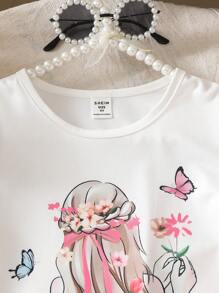Elladie kids 2 件套女孩可爱花卉图案圆领短袖 T 恤和裙子 - 粉色 - 查看 4