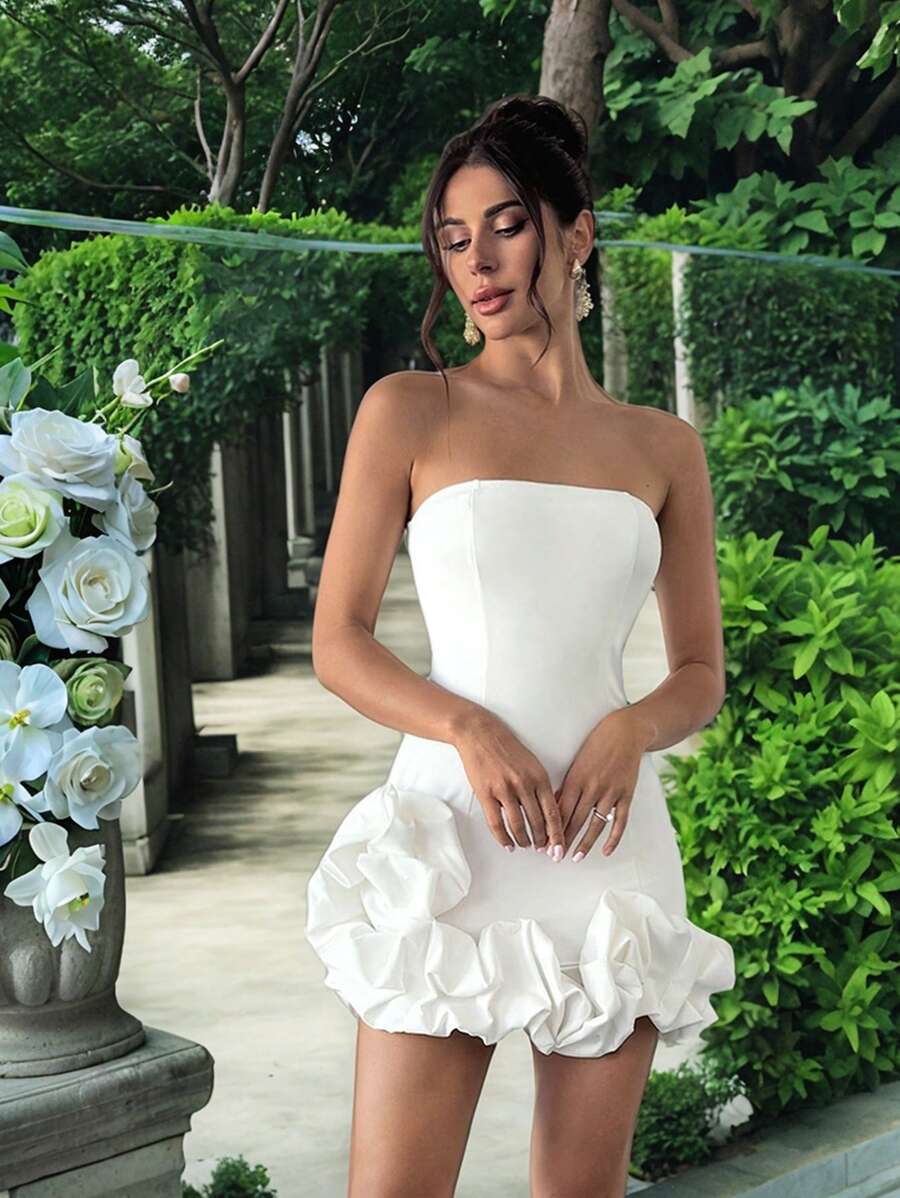 Firerie 新款欧根纱荷叶边分层白色连衣裙女士夏季服装度假服装女士婚礼宾客礼服，婚礼宾客礼服，新娘送礼会礼服白色；全白连衣裙