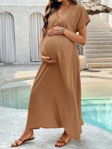 SHEIN Váy xẻ tà tay cánh dơi màu trơn giản dị mùa hè cho bà bầu - Cà phê - Xem 3