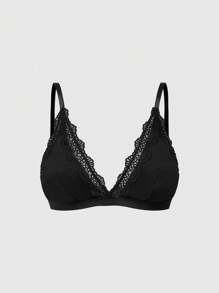 ROMWE Street Life 女士百搭蕾丝拼接深 V 无钢圈内衣文胸，舒适耐穿 - 黑色 - 查看 1