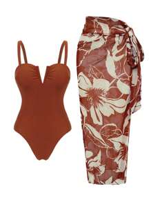 Swim Oasis Women's Elegant 2 Pieces V-Neck Adjustable Strap Floral Print Swim Skirt And Swimsuit Set, Vacation Outfit For Summer - Rust Brown - View 1