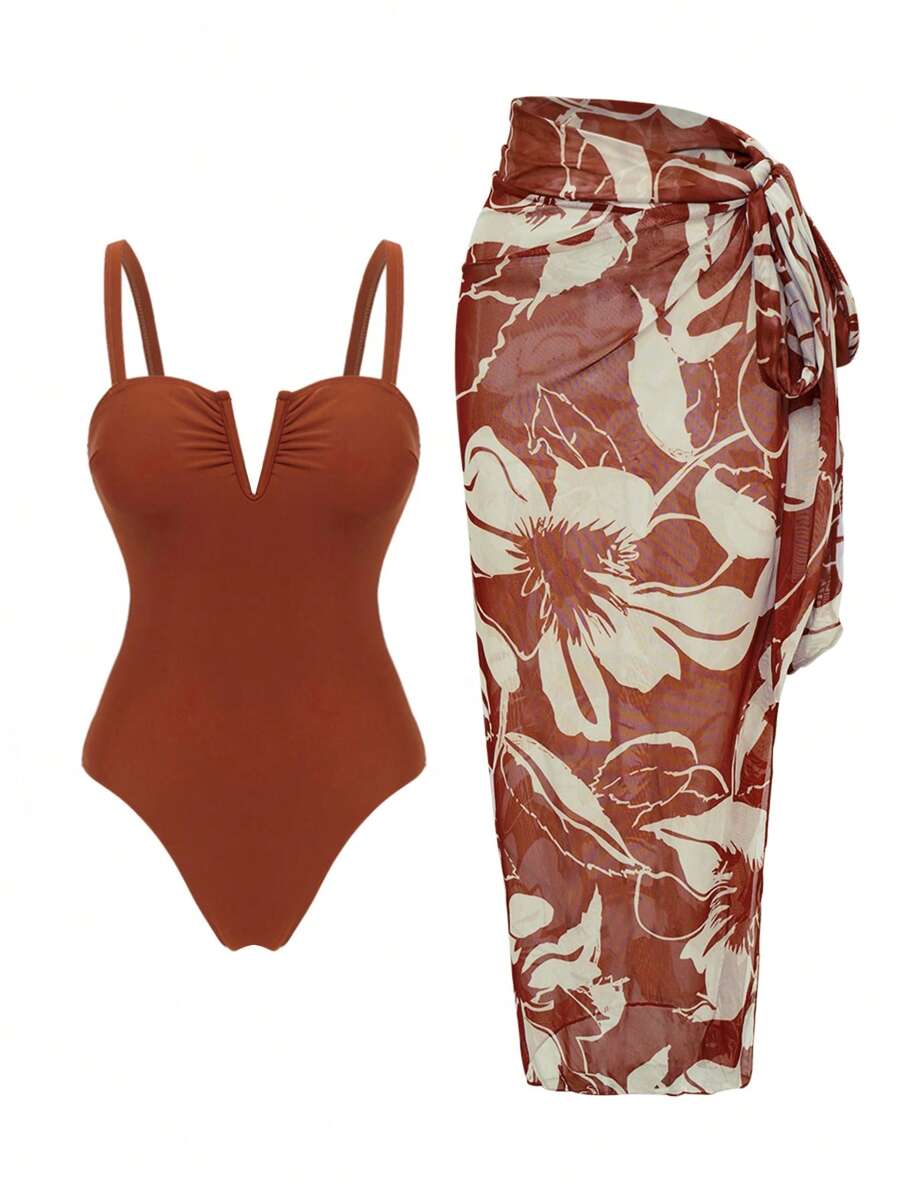 Swim Oasis Women's Elegant 2 Pieces V-Neck Adjustable Strap Floral Print Swim Skirt And Swimsuit Set, Vacation Outfit For Summer - Rust Brown - View 1