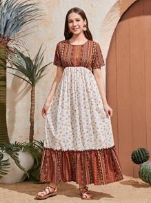 Teenage Girls Pattern Short Sleeve Casual Dress, Comfortable Fabric, Suitable For Summer - Multicolor - View 5