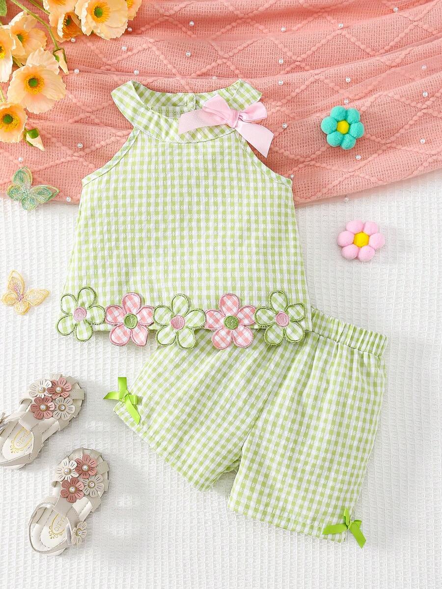 SHEIN 女宝宝可爱刺绣花卉格子无袖上衣和裤子套装，春夏 - 綠色 - 查看 1