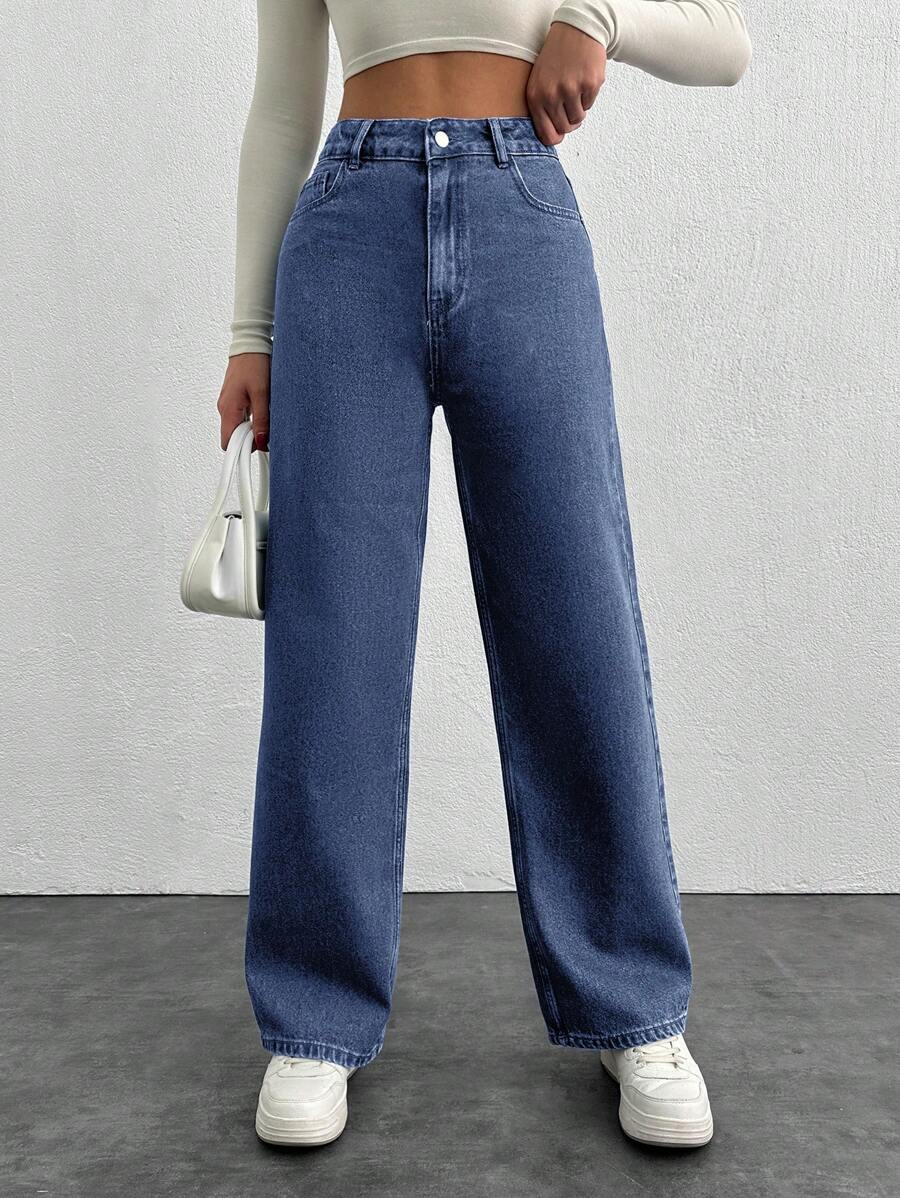 EURMUSE 100%Cotton High Waist Straight Leg Jeans - Light Wash - View 1
