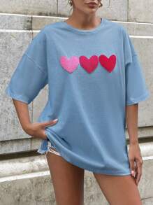SHEIN Cottnline T-SHIRT OVERSIZE BLANC 100% COTON AVEC DÉTAIL DE BRODERIE EN FORME DE CŒUR - Bleu ciel - Voir 5