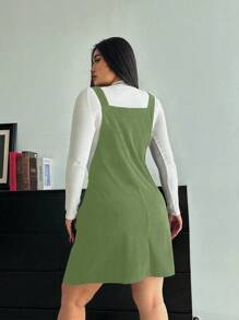 Flirla Plus Size Solid Color Double Pocket A-Line Pinafore Dress - Green - View 2