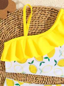 SHEIN Young Girl Cherry Print Ruffle Trim Bikini Swimwear Set - Yellow - View 3