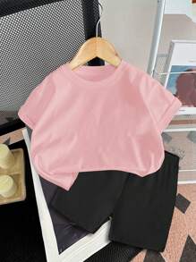 Baby Girl Casual Minimalist Short Sleeve Outfit, Suitable For Spring/Summer