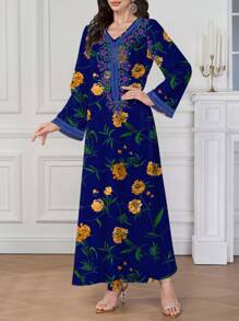 Al Najma Women's Arabic Print V-Neck Long Printed Jalabiya Dress With Long Sleeve, For Festival, Modest Full Length Dresses, Kaftan - Blue - View 3