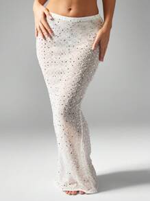 MISSGUIDED Sequin Evening Maxi Skirt Form-Fitting Party Wedding Guest Floor Length Long Sparkle Formal Special Occasion Holiday Winter Skirt - White - View 1