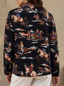 SHEIN 女式野马印花长袖宽松休闲纽扣衬衫 - 黑色 - 查看 2