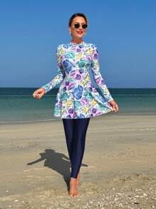Swim Shayni 2 Pieces Women Set: Seashell Print Long Sleeve Mock Neck Tight Top & A-Line Midi Dress With Tight Pants, Middle East Lady Burkini For Summer Beach Vacation - Multicolor - View 3